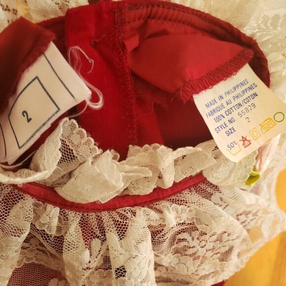 Vintage 80s 90s Baby Girl Red Velvet Lace Dress Cottagecore Holiday Christmas - Picture 6 of 9